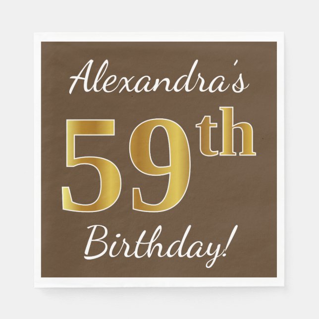 Servilleta De Papel Brown, Faux Gold 59th Birthday + Custom Name (Anverso)
