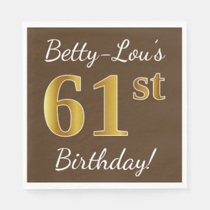 Servilleta De Papel Brown, Faux Gold 61st Birthday + Nombre personaliz