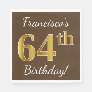 Servilleta De Papel Brown, Faux Gold 64th Birthday + Custom Name