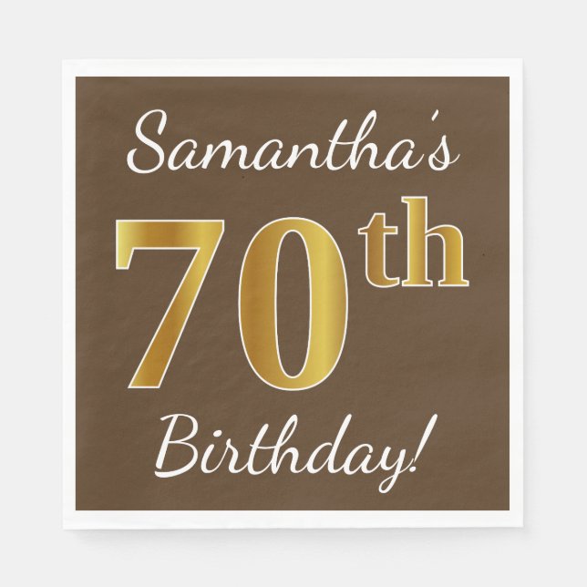 Servilleta De Papel Brown, Faux Gold 70th Birthday + Custom Name (Anverso)