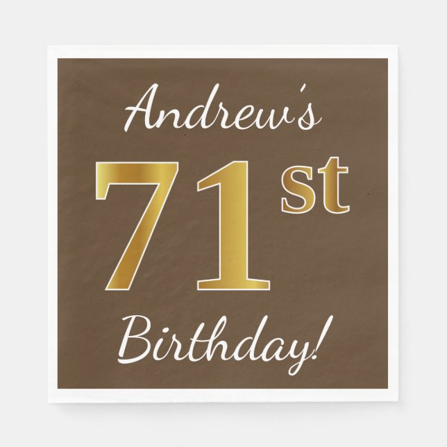 Servilleta De Papel Brown, Faux Gold 71st Birthday + Custom Name (Anverso)