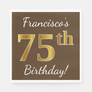Servilleta De Papel Brown, Faux Gold 75th Birthday + Custom Name