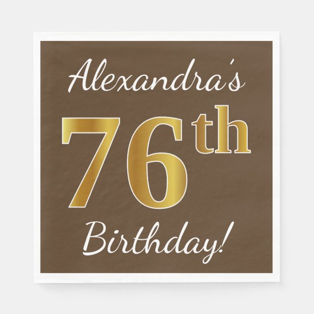 Servilleta De Papel Brown, Faux Gold 76th Birthday + Custom Name (Anverso)