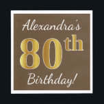 Servilleta De Papel Brown, Faux Gold 80th Birthday   Nombre personaliz<br><div class="desc">Este sencillo diseño de servilletas de papel muestra un mensaje como "¡El 80 aniversario de Alexandra!", con el "80" en falso aspecto dorado, sobre un fondo de color marrón. El nombre se puede personalizar. Se podría usar en una fiesta de cumpleaños para alguien que esté celebrando su ochenta cumpleaños. [~Z0000082]...</div>