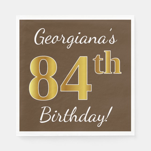 Servilleta De Papel Brown, Faux Gold 84th Birthday + Custom Name (Anverso)