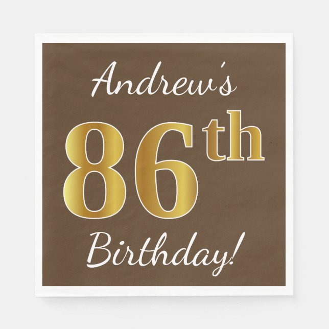 Servilleta De Papel Brown, Faux Gold 86th Birthday + Custom Name (Anverso)