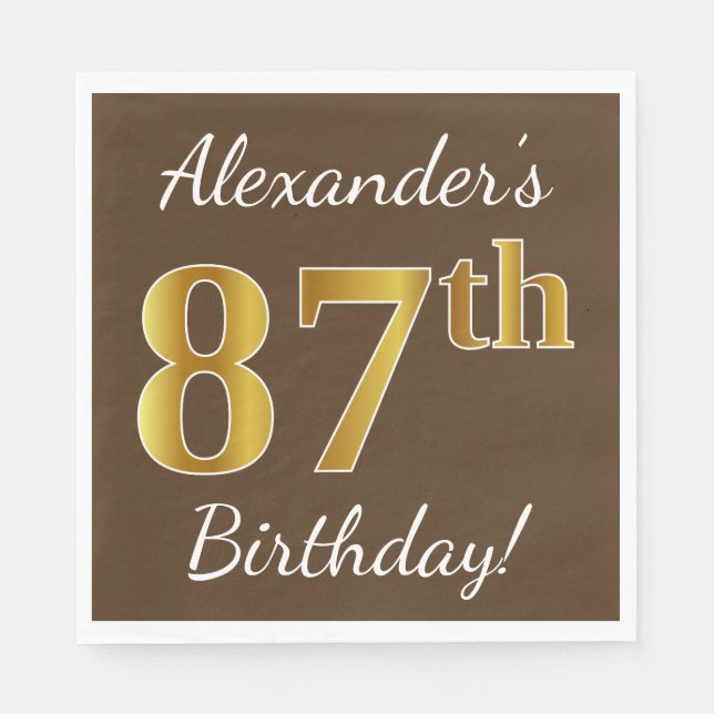 Servilleta De Papel Brown, Faux Gold 87th Birthday + Custom Name (Anverso)