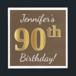 Servilleta De Papel Brown, Faux Gold 90th Birthday   Nombre personaliz<br><div class="desc">Este sencillo diseño de servilletas de papel muestra un mensaje como "¡El cumpleaños 90 de Jennifer!", con el "90" en falso aspecto dorado, sobre un fondo de color marrón. El nombre se puede personalizar. Se podría usar en una fiesta de cumpleaños para alguien que esté celebrando su cumpleaños número noventa....</div>