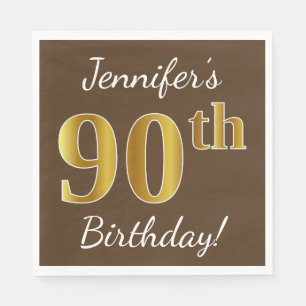 Servilleta De Papel Brown, Faux Gold 90th Birthday + Nombre personaliz