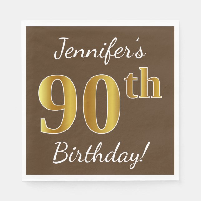 Servilleta De Papel Brown, Faux Gold 90th Birthday + Nombre personaliz (Anverso)