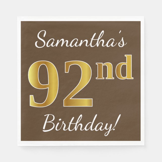 Servilleta De Papel Brown, Faux Gold 92nd Birthday + Nombre personaliz (Anverso)