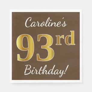 Servilleta De Papel Brown, Faux Gold 93rd Birthday + Custom Name