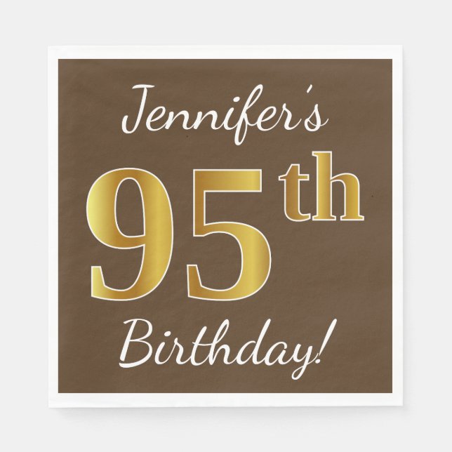 Servilleta De Papel Brown, Faux Gold 95th Birthday + Custom Name (Anverso)