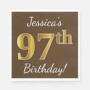 Servilleta De Papel Brown, Faux Gold 97th Birthday + Custom Name