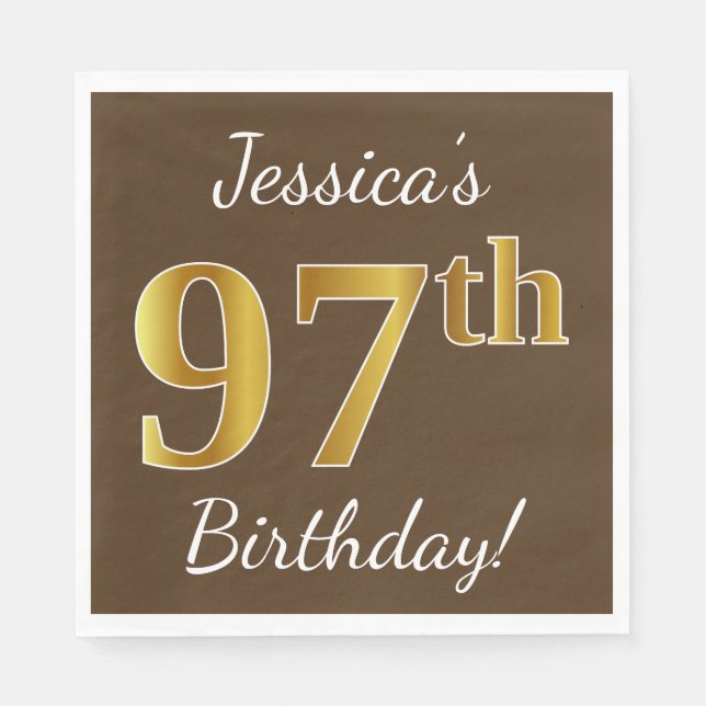 Servilleta De Papel Brown, Faux Gold 97th Birthday + Custom Name (Anverso)
