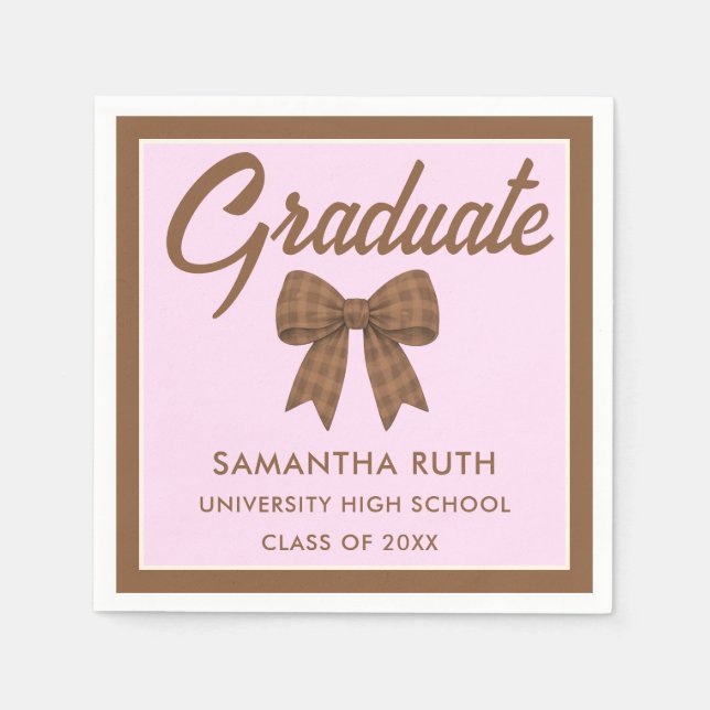 Servilleta De Papel Brown Gingham Bow Graduation Party (Anverso)