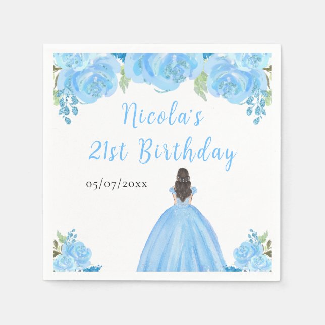Servilleta De Papel Brown Hair Princess Blue Floral Birthday Party (Anverso)