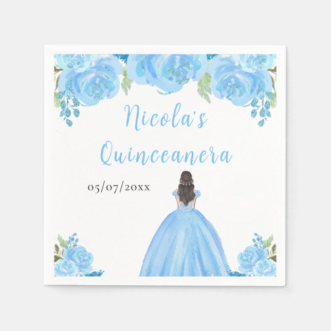 Servilleta De Papel Brown Hair Princess Blue Floral Quinceanera (Anverso)