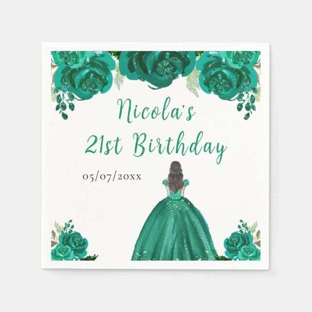 Servilleta De Papel Brown Hair Princess Green Floral Birthday Party (Anverso)