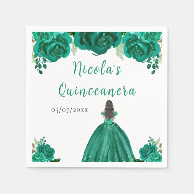 Servilleta De Papel Brown Hair Princess Green Floral Quinceanera (Anverso)