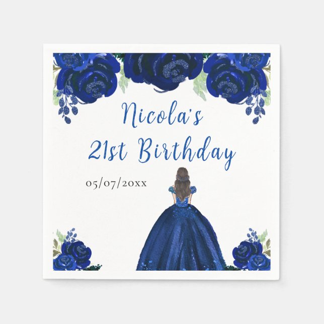 Servilleta De Papel Brown Hair Princess Navy Floral Birthday Party (Anverso)