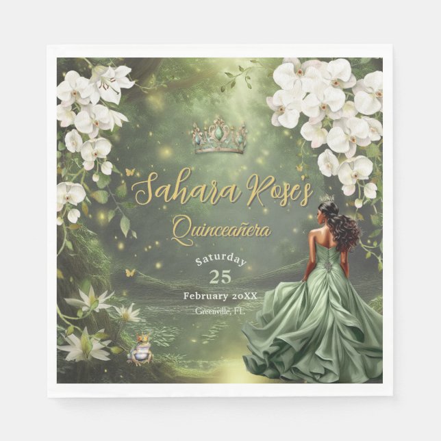 Servilleta De Papel Brown Princess and Frog Sage Green Quinceanera 16 (Anverso)