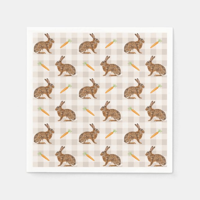 Servilleta De Papel Brown Rabbits And Carrots Rustic Beige Gingham (Anverso)