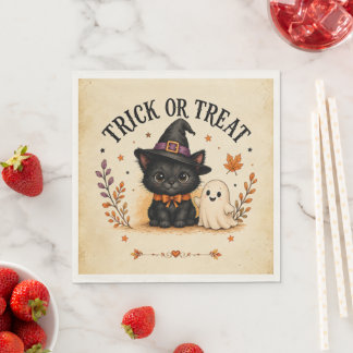 Servilleta De Papel Bruja Caprichosa Gato y Fantasma Truco o Regalo