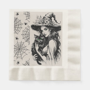 Servilleta De Papel Bruja de Halloween vintage y gato negro