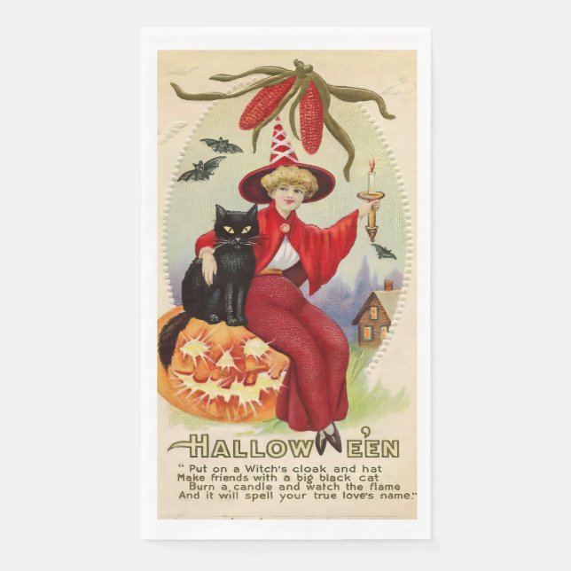 Servilleta De Papel Bruja de Halloween y gato negro (Anverso)