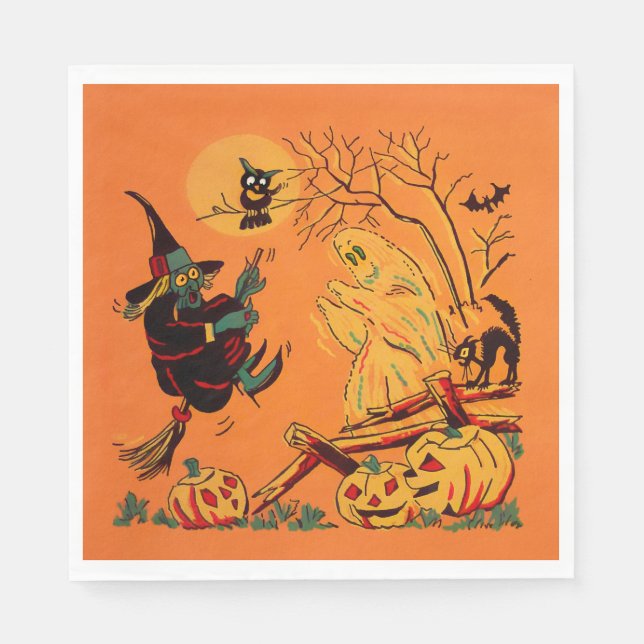 Servilleta De Papel Bruja de naranja retro Halloween (Anverso)
