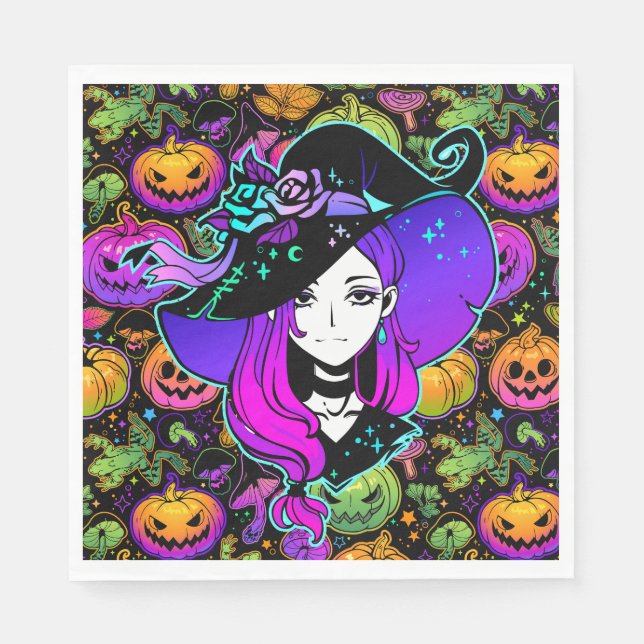 Servilleta De Papel Bruja de neón de Halloween (Anverso)