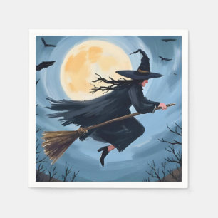 Servilleta De Papel Bruja en una Escoba   Feliz Pintura de Halloween