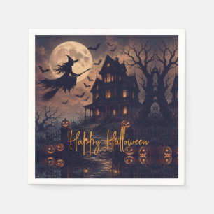 Servilleta De Papel Bruja espeluznante de Halloween volando sobre casa
