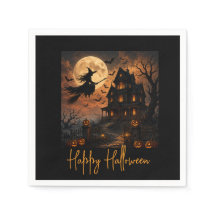 Bruja espeluznante de Halloween volando sobre casa