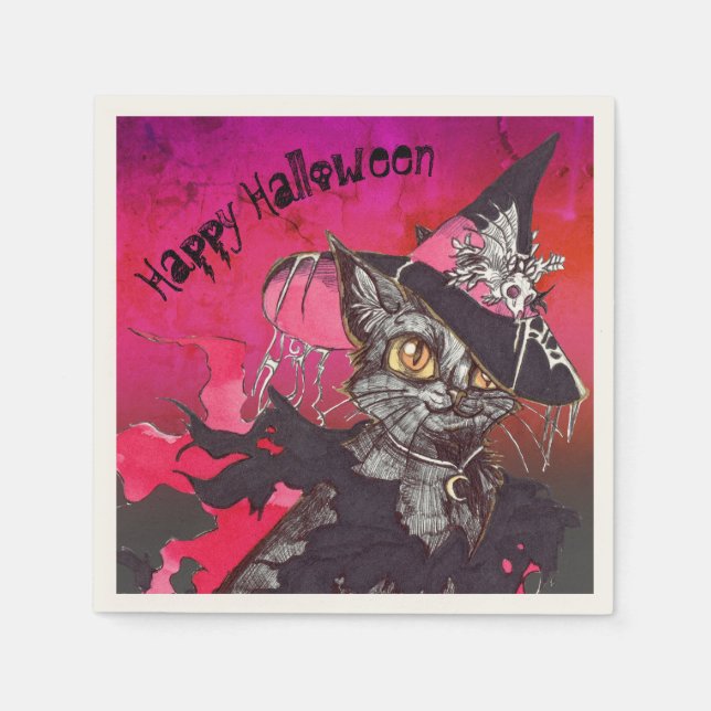 Servilleta De Papel Bruja Gato Feliz Halloween (Anverso)