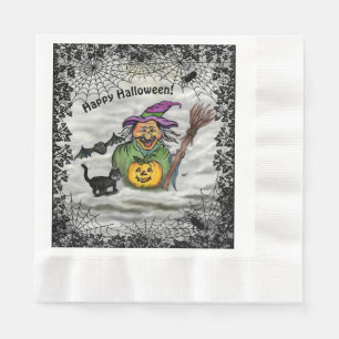 Servilleta De Papel Bruja, gato, murciélago y calabaza, ¡Feliz Hallowe