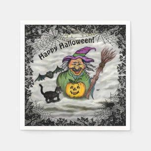 Servilleta De Papel Bruja, gato, murciélago y calabaza, ¡Feliz Hallowe