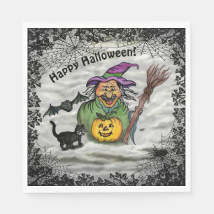 Servilleta De Papel Bruja, gato, murciélago y calabaza, ¡Feliz Hallowe