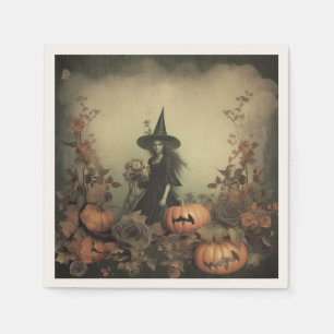 Servilleta De Papel Bruja gótica sepia con calabazas y rosas de otoño