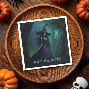 Servilleta De Papel Bruja malvada de Halloween en morado y negro