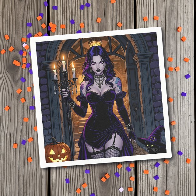 Servilleta De Papel Bruja negra y púrpura con Halloween en Candelabra (Subido por el creador)