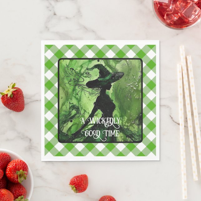 Servilleta De Papel Bruja pintada malvadamente bien Verde Gingham Plai (In situ)