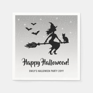 Servilleta De Papel Bruja Simple En Escoba Negro Y Blanco Halloween