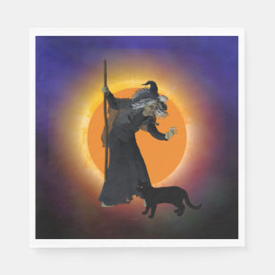 Servilleta De Papel Bruja y gato negro con luna Naranja