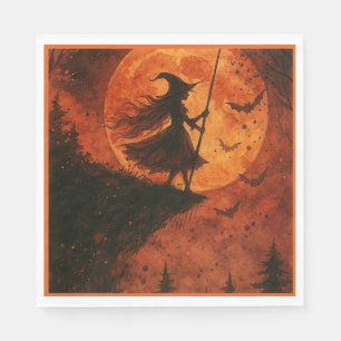 Servilleta De Papel Bruja y luna acantilado   Halloween fantasmal