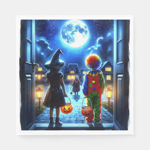 Servilleta De Papel Bruja y payaso mirando un Monster Halloween