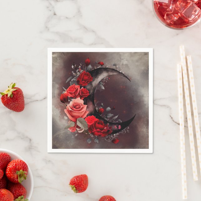 Servilleta De Papel Brujería | Luna Crescent con rosas rojas góticas (In situ)