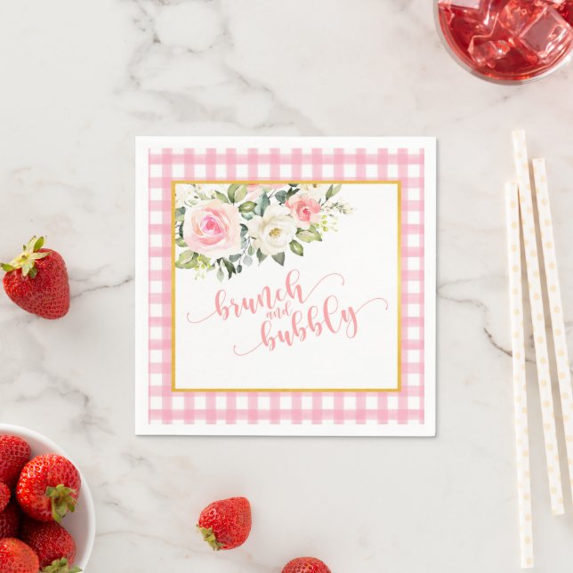 Servilleta De Papel Brunch and Bubbly Napkin - Texto rosa Gingham (In situ)