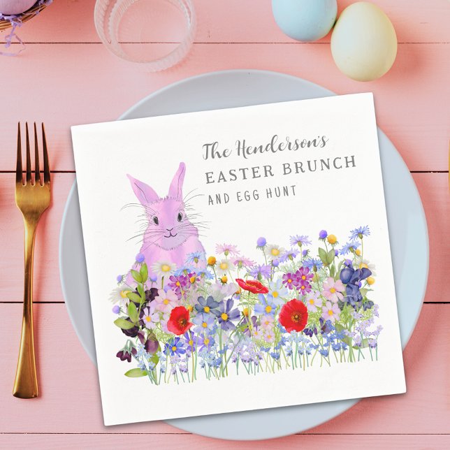 Servilleta De Papel Brunch de Pascua y Floral de conejo de huevo (Personalized Easter brunch egg hunt cute pink bunny wildflower floral spring party napkin)